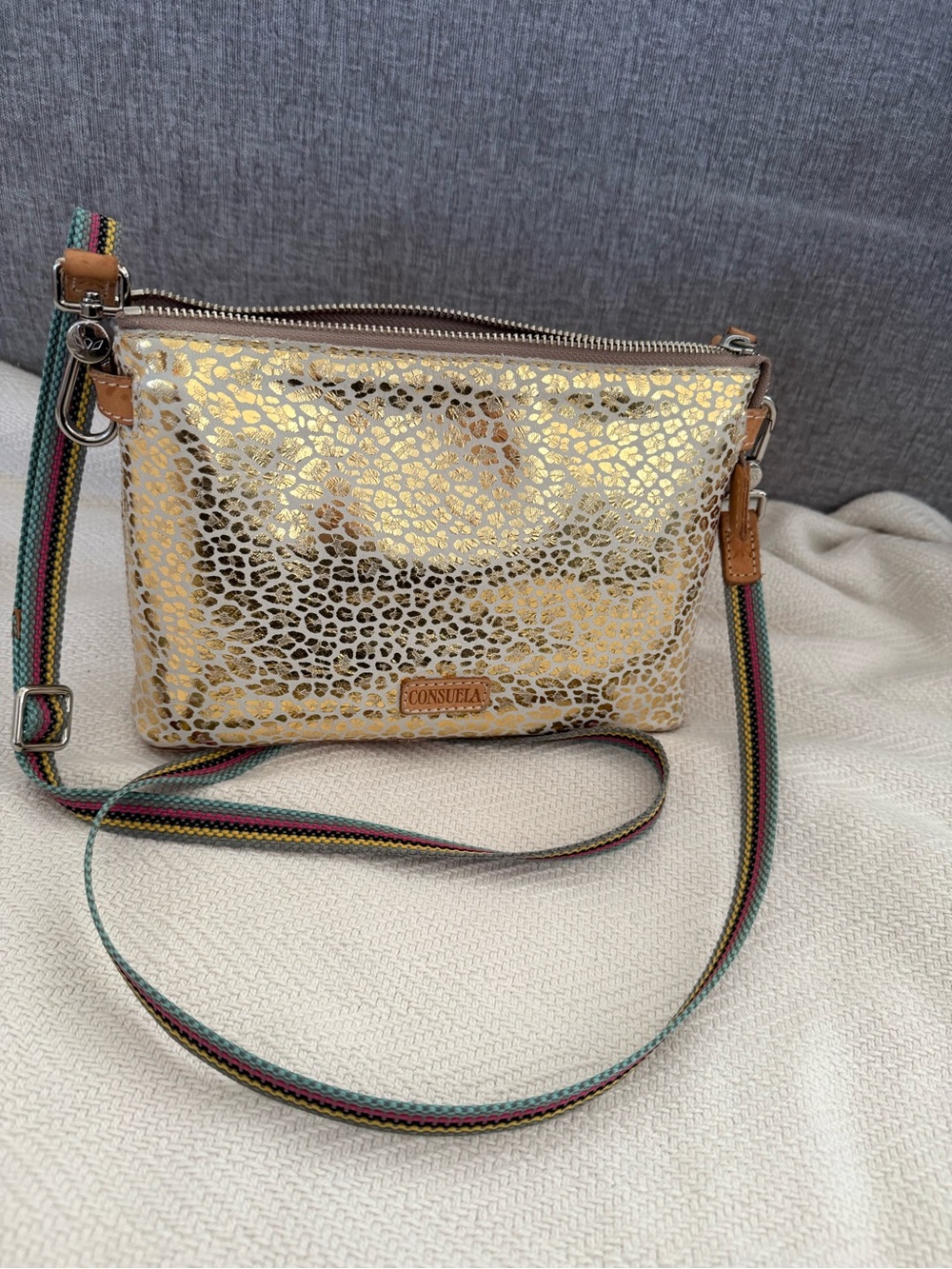 Consuela Metallic Gold Leopard Crossbody with Multicolor Strap